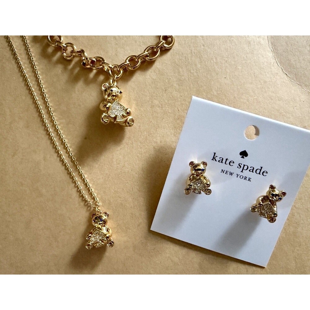 Kate Spade Oh What Fun Spade Teddy Bear Charm Bracelet Necklace Earrings Set NWT